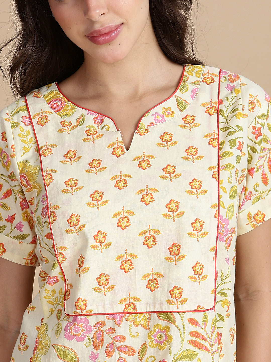 Pure Cotton Jaipuri Nighty for Women in Cream Orange Floral Print