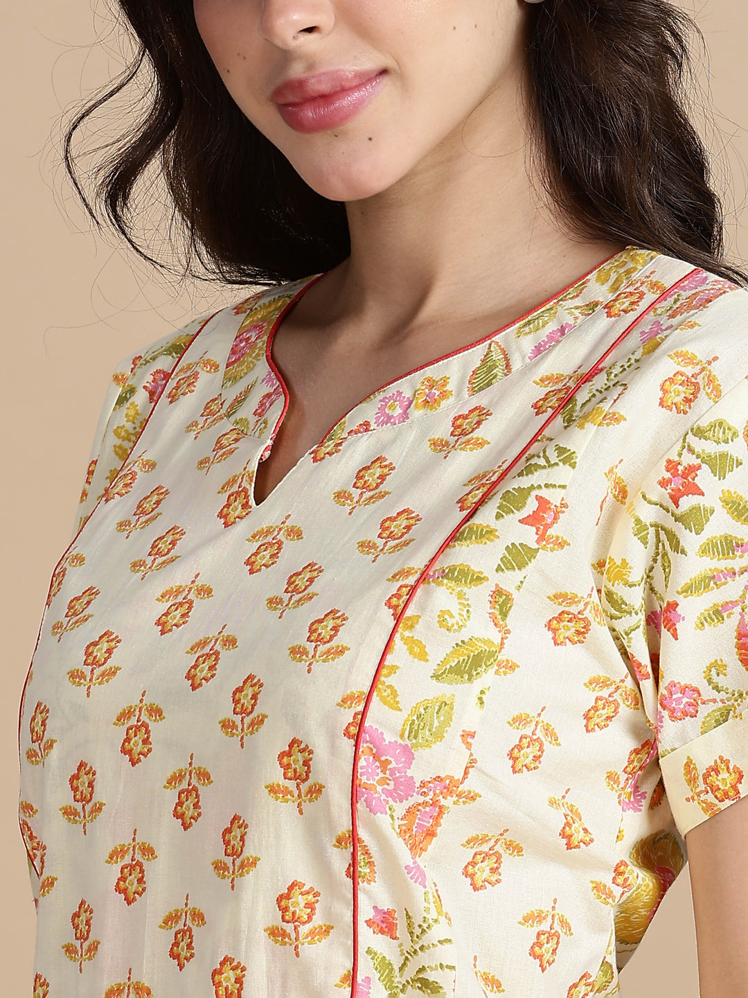 Pure Cotton Jaipuri Nighty for Women in Cream Orange Floral Print