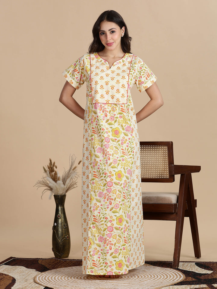 Pure Cotton Jaipuri Nighty for Women in Cream Orange Floral Print