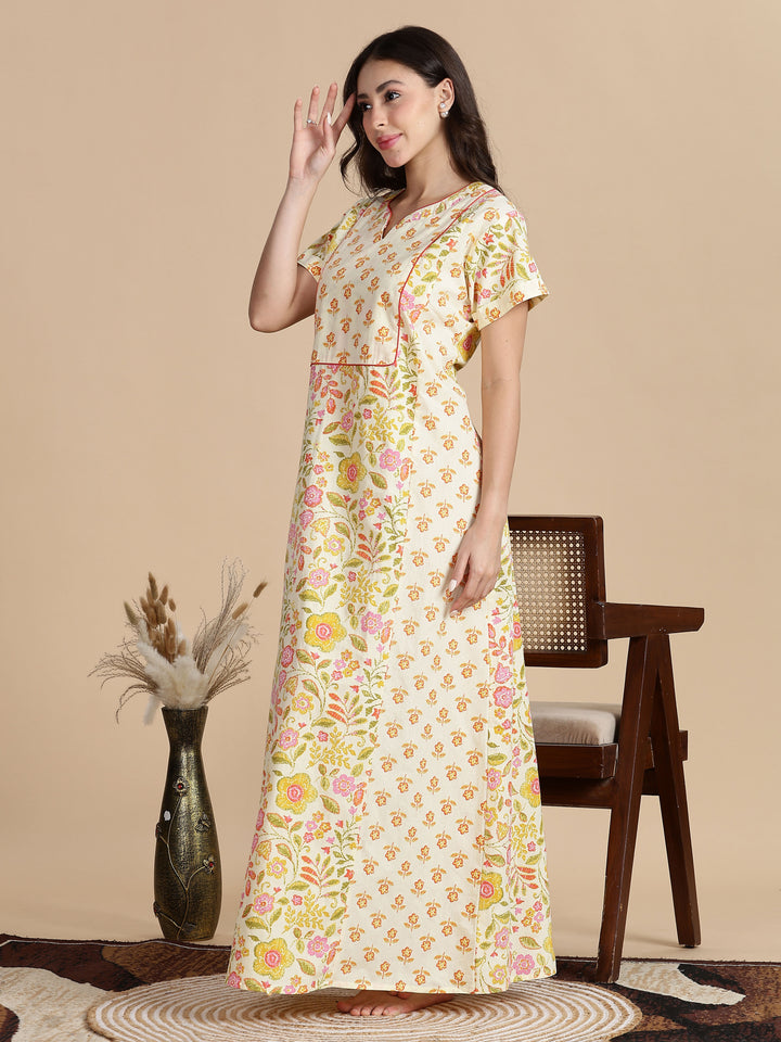 Pure Cotton Jaipuri Nighty for Women in Cream Orange Floral Print