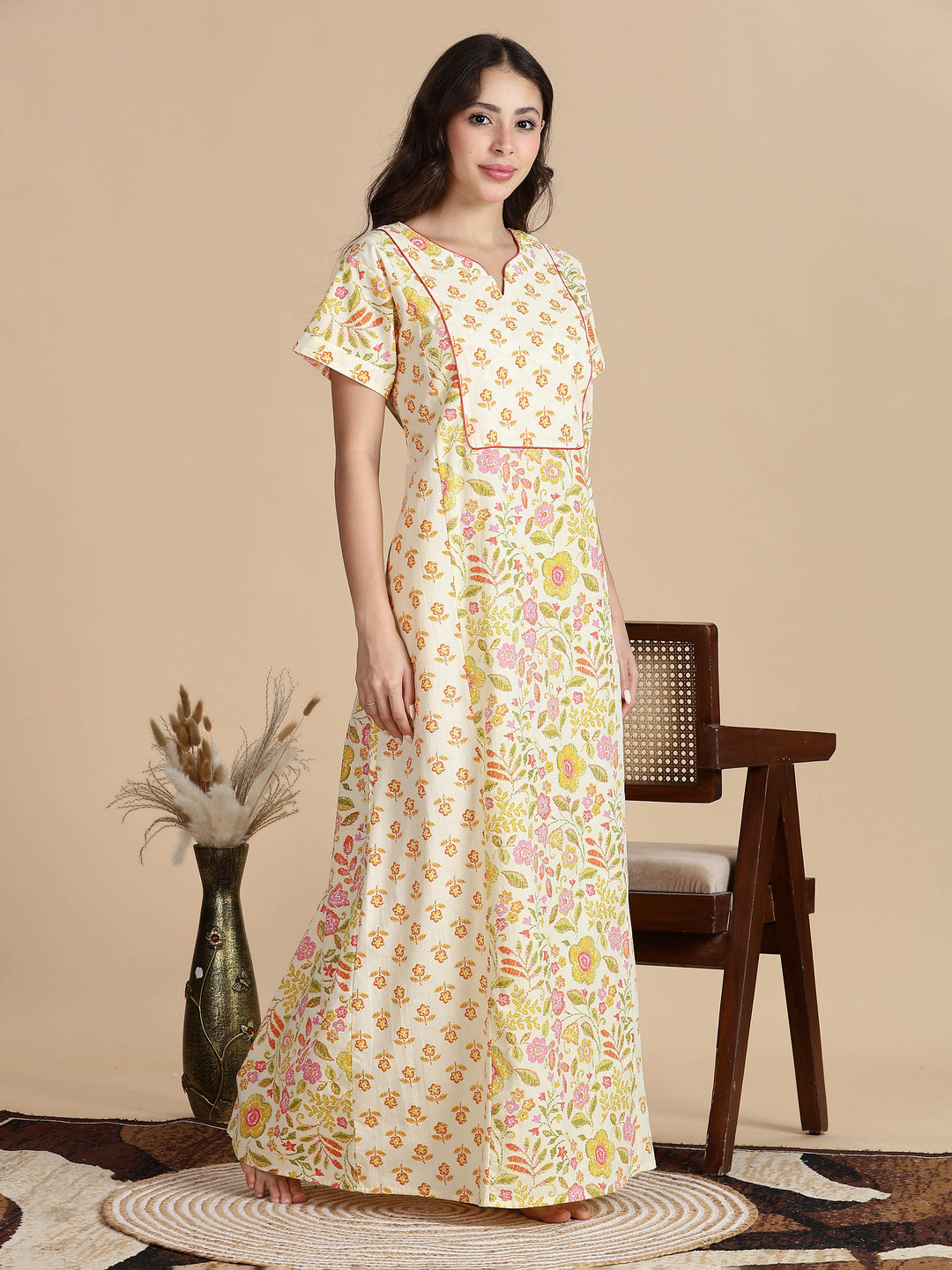 Pure Cotton Jaipuri Nighty for Women in Cream Orange Floral Print