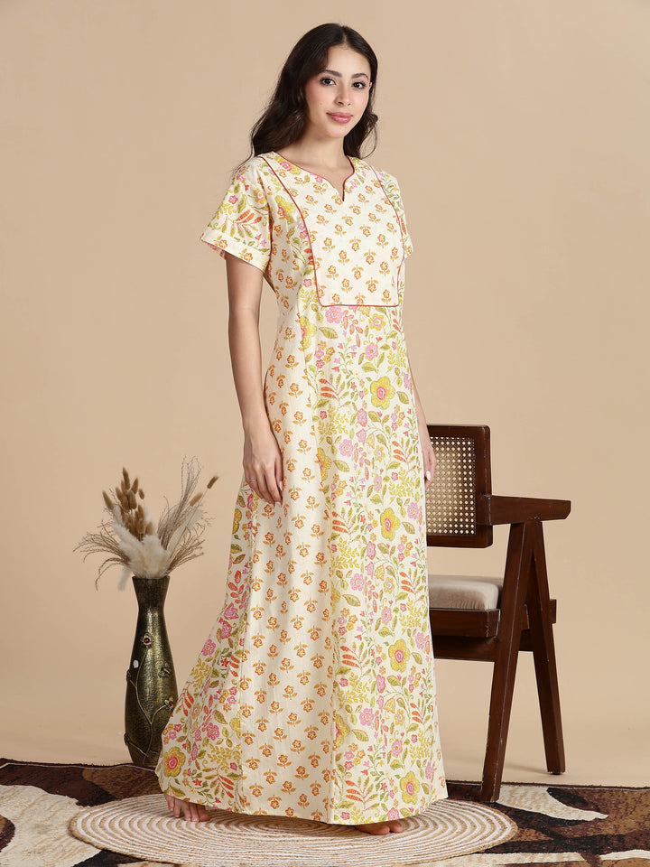 Pure Cotton Jaipuri Nighty for Women in Cream Orange Floral Print