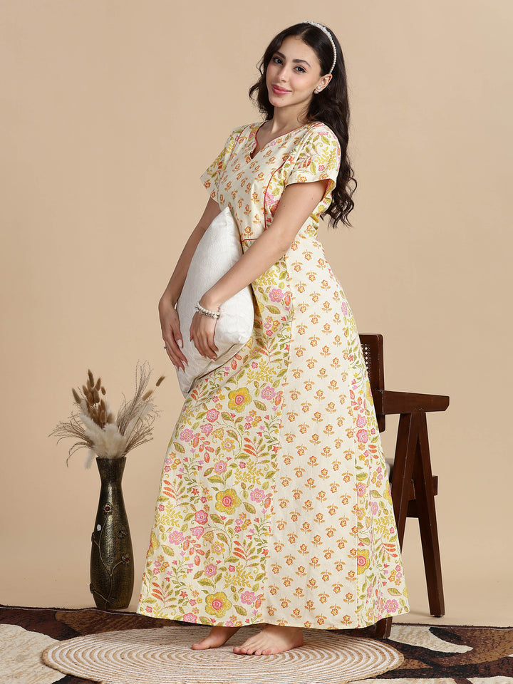 Pure Cotton Jaipuri Nighty for Women in Cream Orange Floral Print
