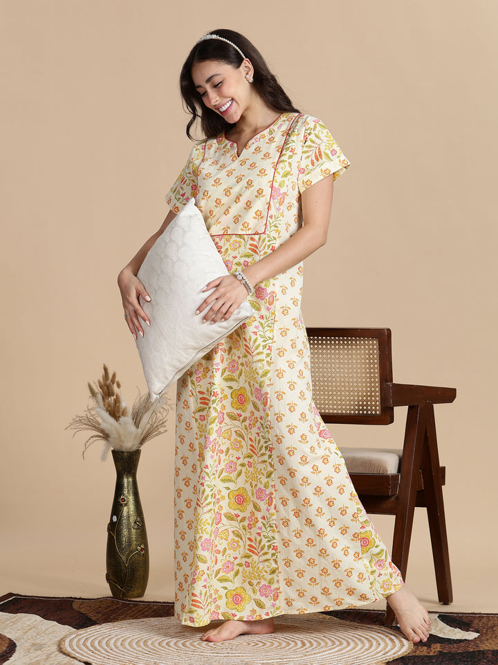 Pure Cotton Jaipuri Nighty for Women in Cream Orange Floral Print