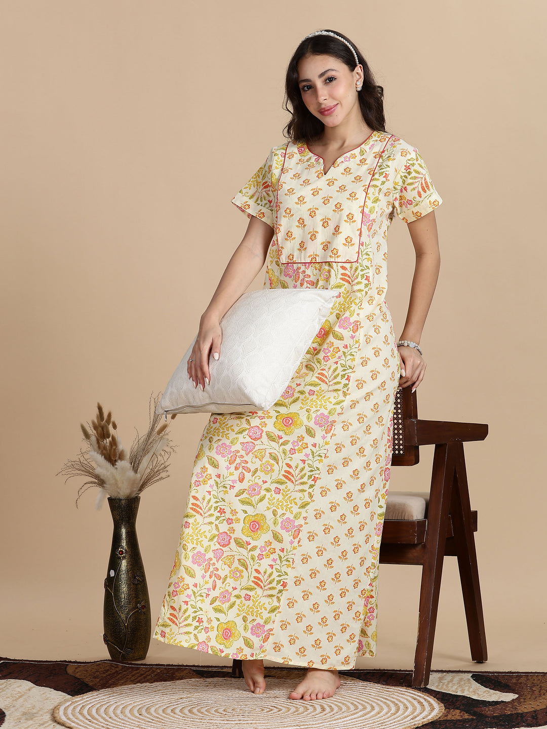 Pure Cotton Jaipuri Nighty for Women in Cream Orange Floral Print