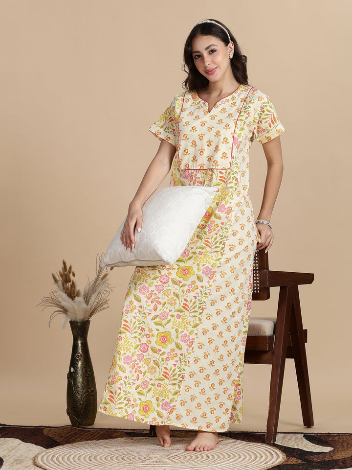Pure Cotton Jaipuri Nighty for Women in Cream Orange Floral Print