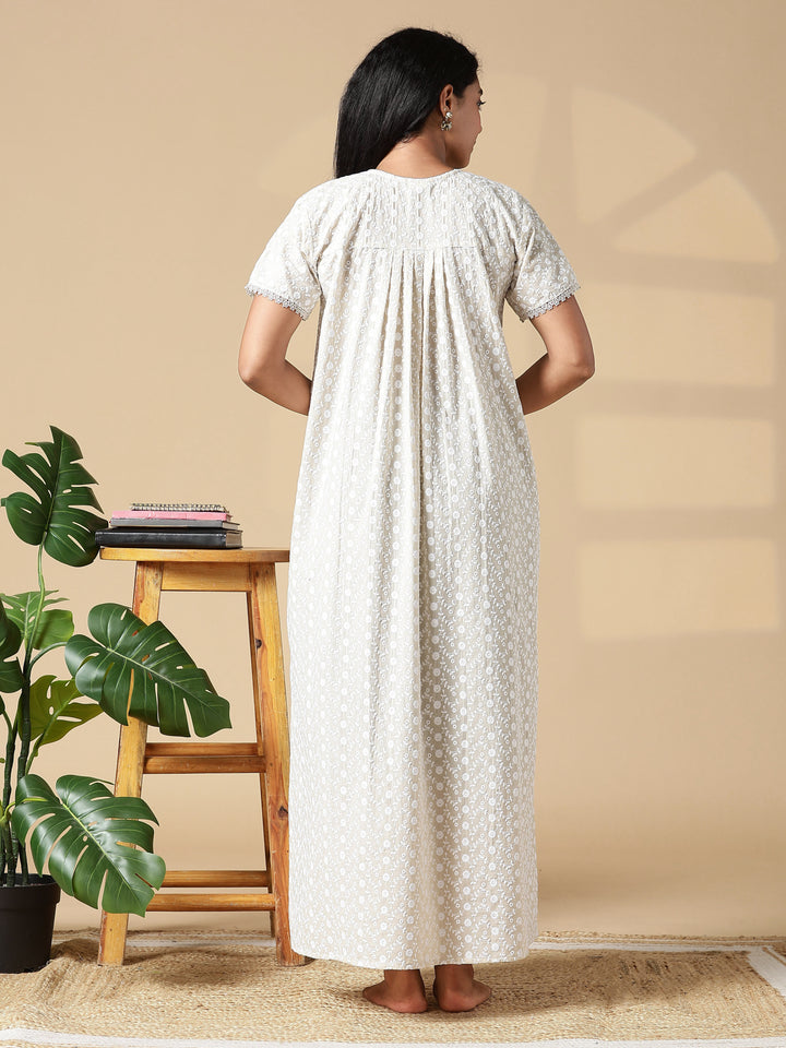 Beige Pure Cotton Chikankari Pleated Nighty for Women Breathable Comfort