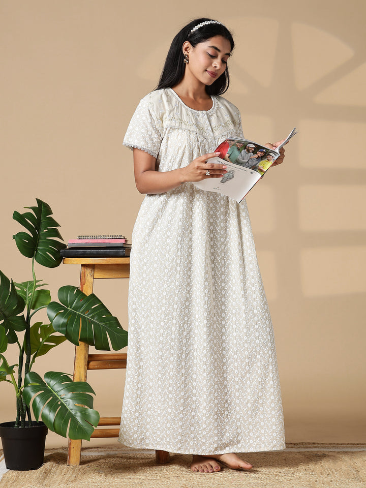 Beige Pure Cotton Chikankari Pleated Nighty for Women Breathable Comfort