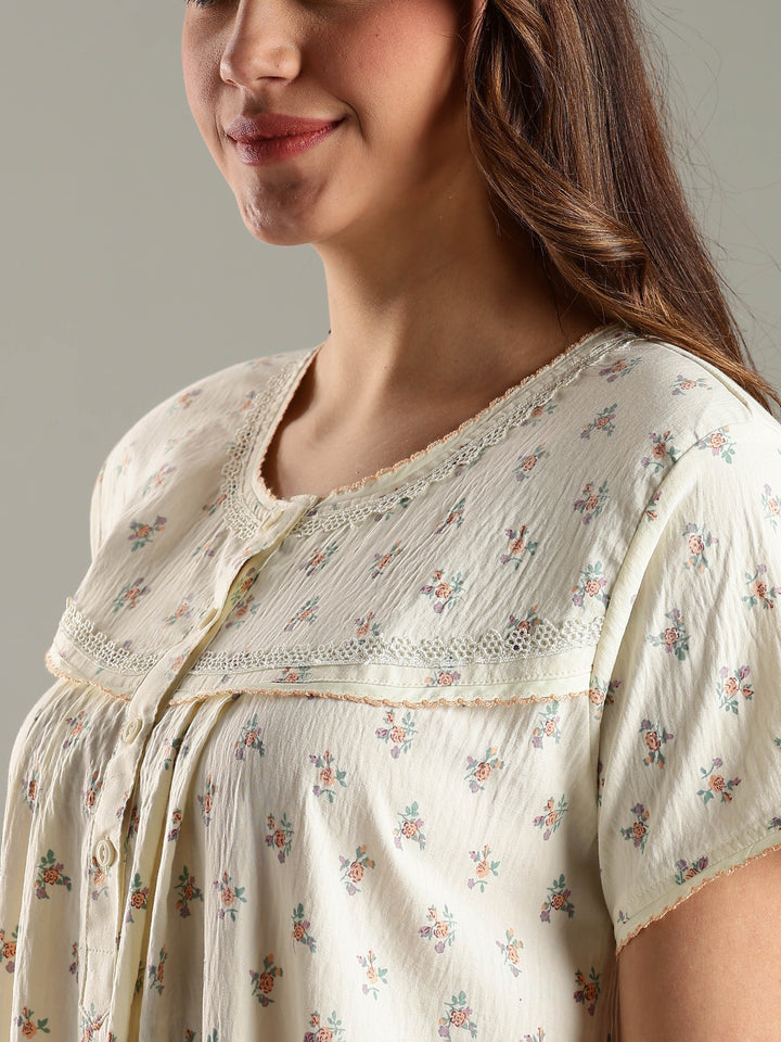 Womens Nightdress in Cream Bamboo Cotton