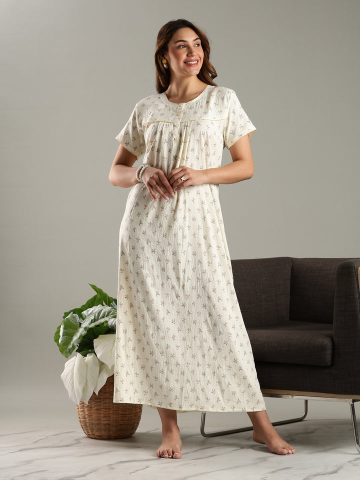 Womens Nightdress in Cream Bamboo Cotton