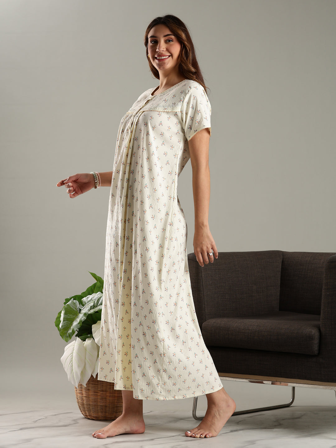 Womens Nightdress in Cream Bamboo Cotton