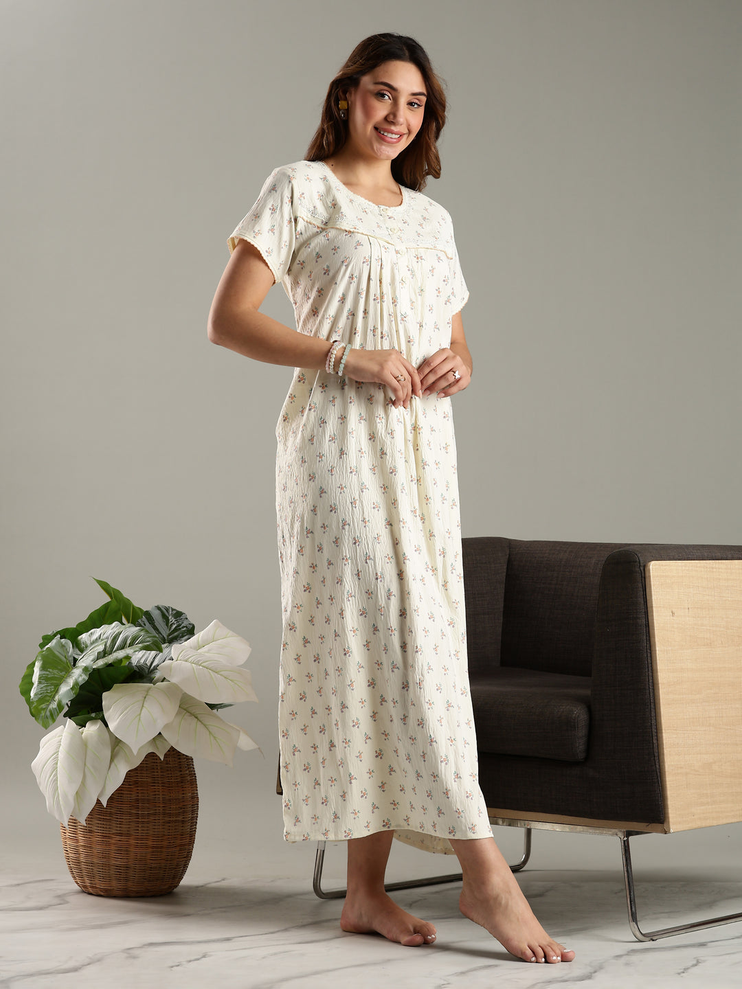 Womens Nightdress in Cream Bamboo Cotton