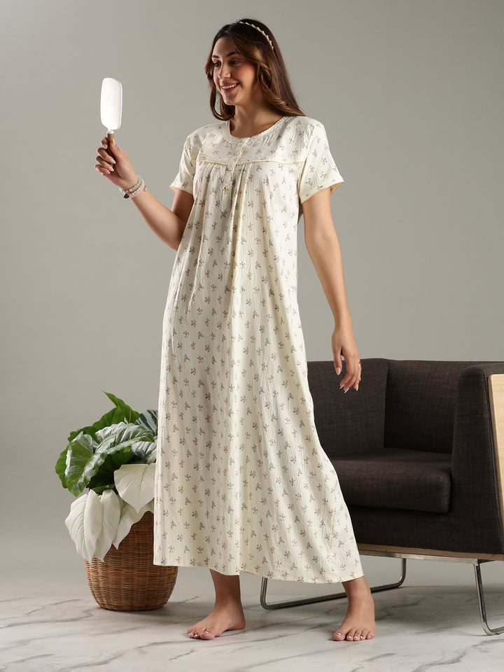 Womens Nightdress in Cream Bamboo Cotton