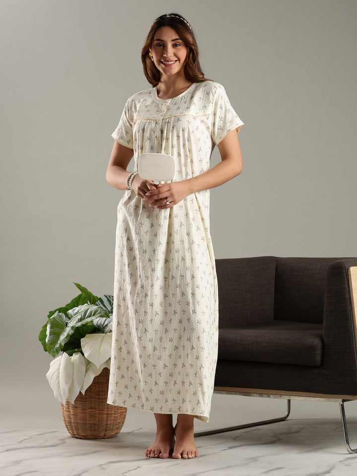 Womens Nightdress in Cream Bamboo Cotton