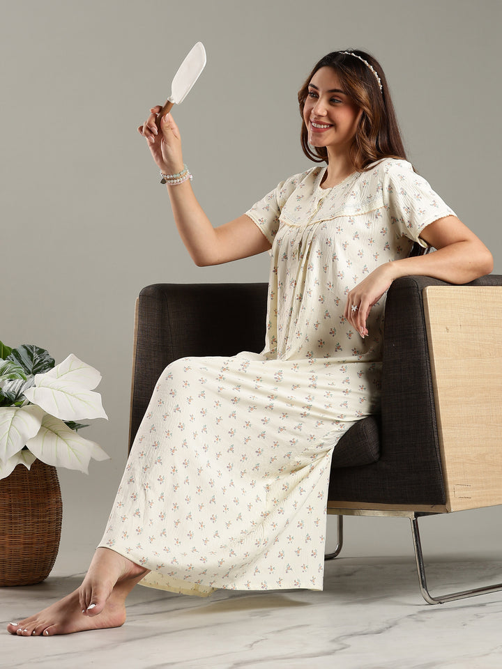 Womens Nightdress in Cream Bamboo Cotton