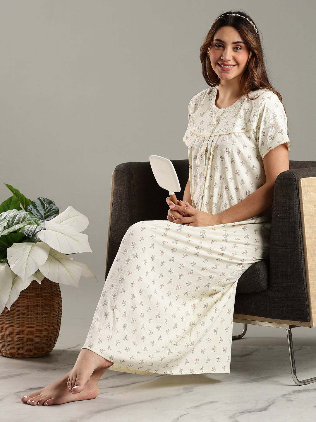 Womens Nightdress in Cream Bamboo Cotton