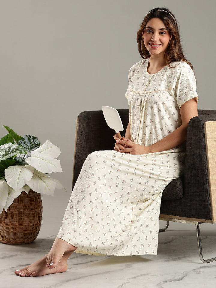 Womens Nightdress in Cream Bamboo Cotton