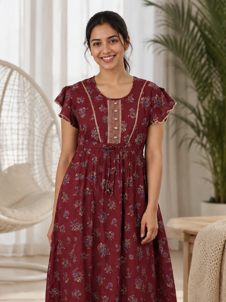 Blossom Maroon Alpine Designer Nighty for Women Relaxed Frock Style