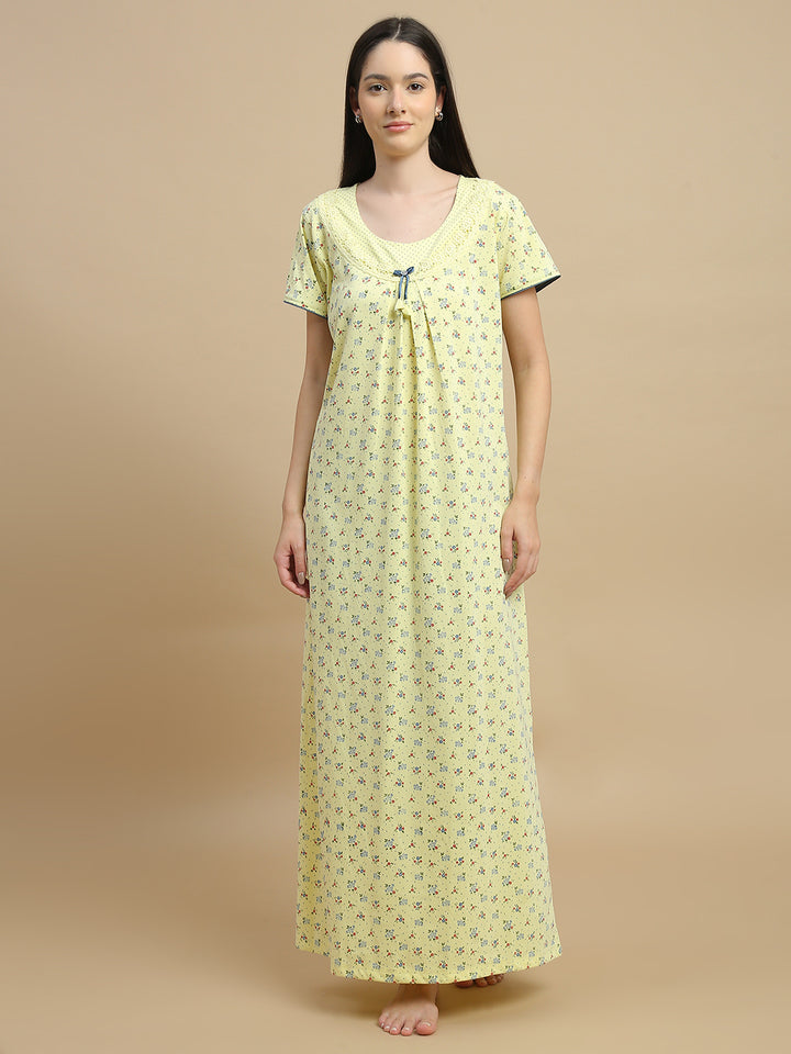 Yellow Floral Print Cotton Blend Designer Nighty for Women