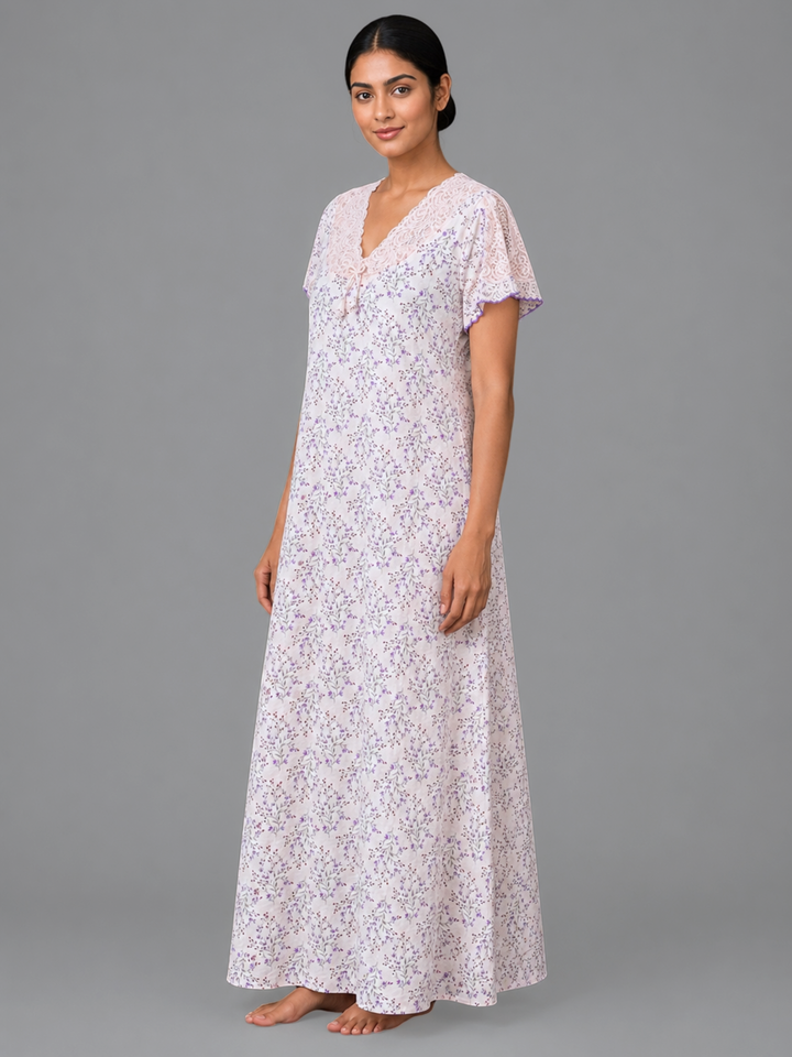 Floral Peach Designer Night Dress in Crush Cotton