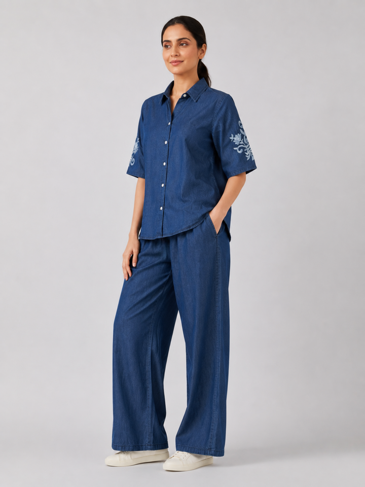 Light Blue Pure Cotton Denim Wash Co Ord Set for Women