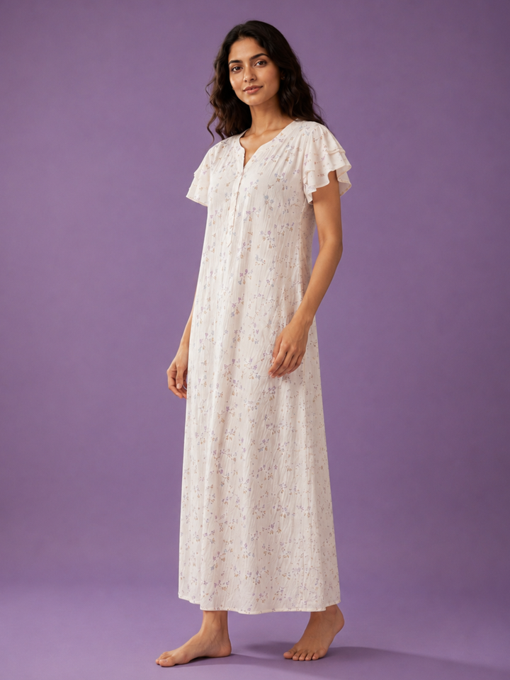 Pastel Cream Bamboo Feel Crush Cotton Floral Designer Nighty