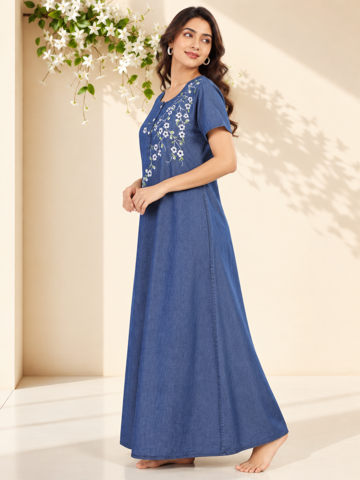 Soft Cotton Denim Blue Nighty with Floral Embroidery | Relaxed Fit