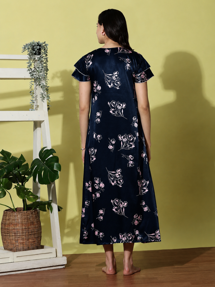 Navy Blue Satin Designer Nighty for Women Soft and Luxurious