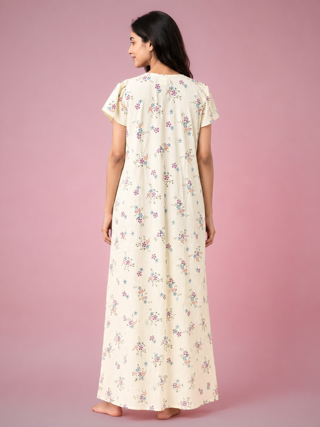 Meadow Yellow Floral Crush Cotton Nighty for Women Relaxed Fit