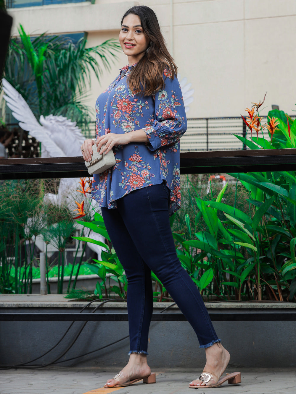 Denim Blue Viscose top Collar Plus Size Top for Women