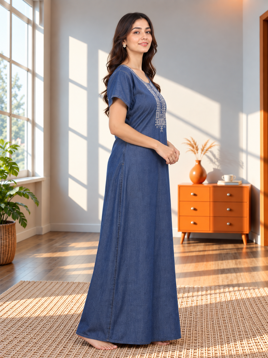 Heritage Embroidery Denim Blue Cotton Nighty | Soft &amp; Stylish Sleepwear