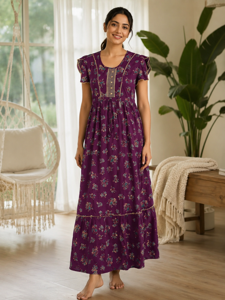 Blossom Wine Alpine Designer Nighty for Women Comfortable Frock Style
