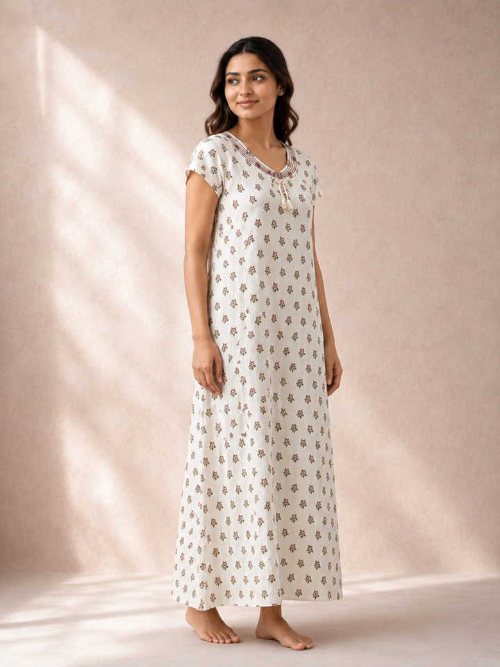 Peach Buti Print Bamboo Feel Crush Cotton Nighty for Women