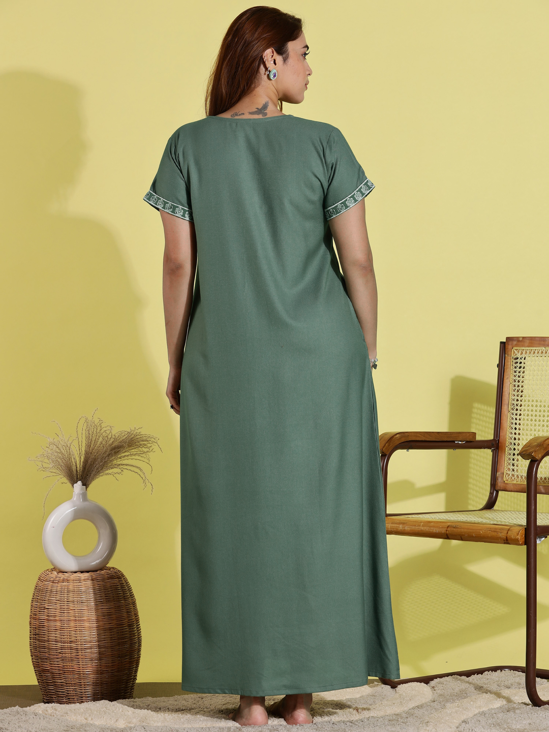 Sadabahar Green Alpine Nighty with Classic Embroidery and Pocket