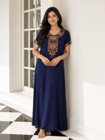 Raatrani Alpine Heritage Midnight Blue Designer Nighty with Embroidery