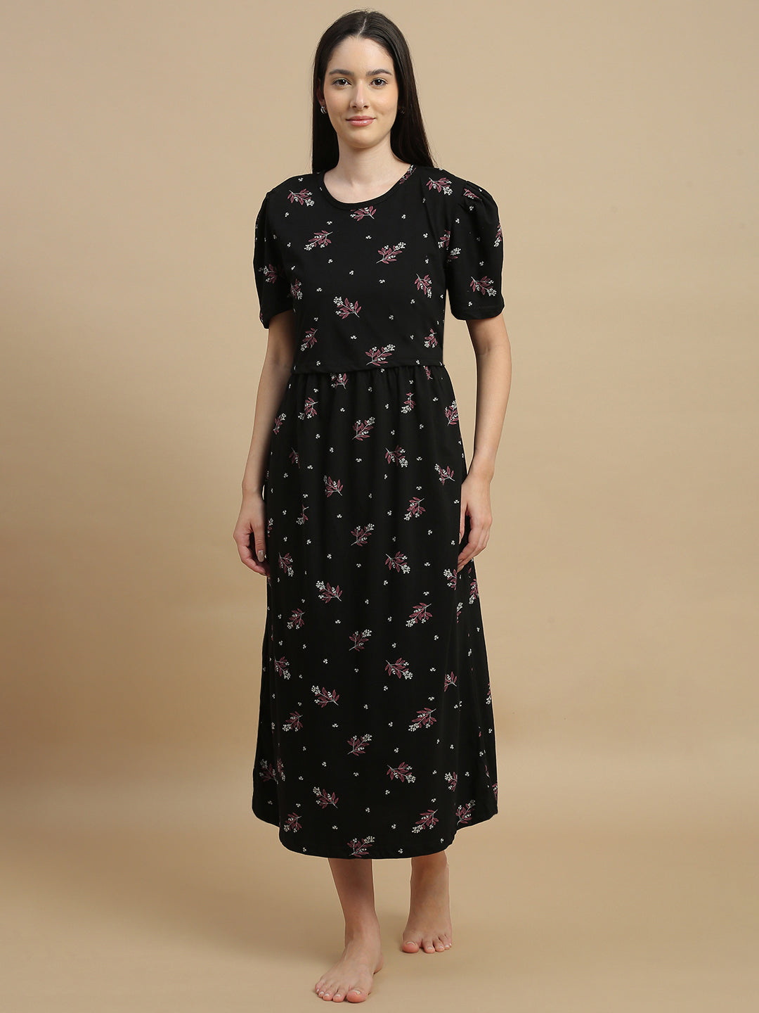 Midnight Blossom Floral Hosiery Cotton Short Maternity Nighty