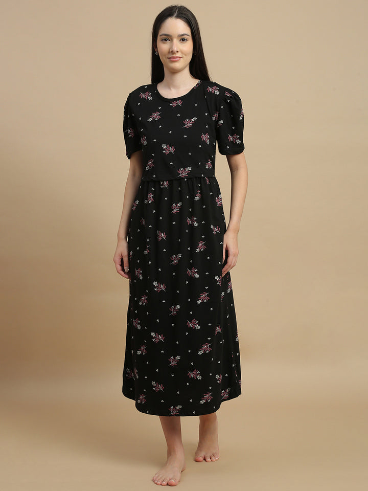 Midnight Blossom Floral Hosiery Cotton Short Maternity Nighty