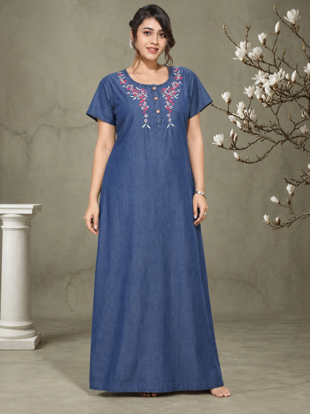Soft Denim Blue Nighty with Pink Floral Embroidery Maxi Length