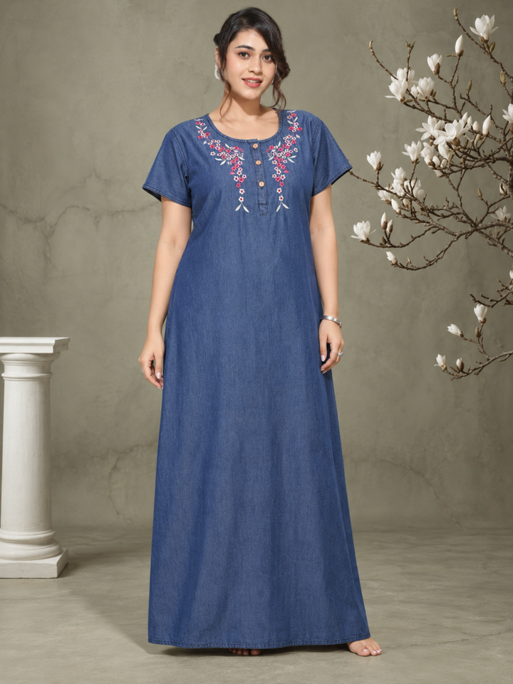 Soft Denim Blue Nighty with Pink Floral Embroidery Maxi Length