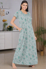 Green Floral Print Cotton Blend Pleated Nighty for Women