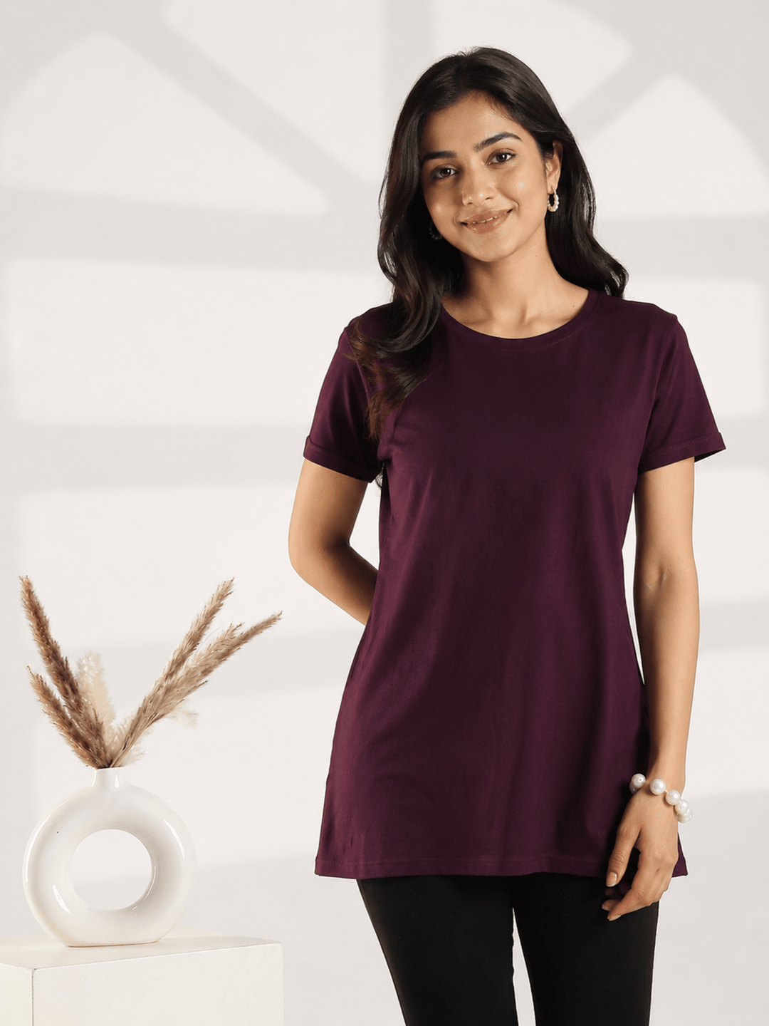 Wine Hosiery Cotton Long T Shirt Nighty for Women Relaxed Fit