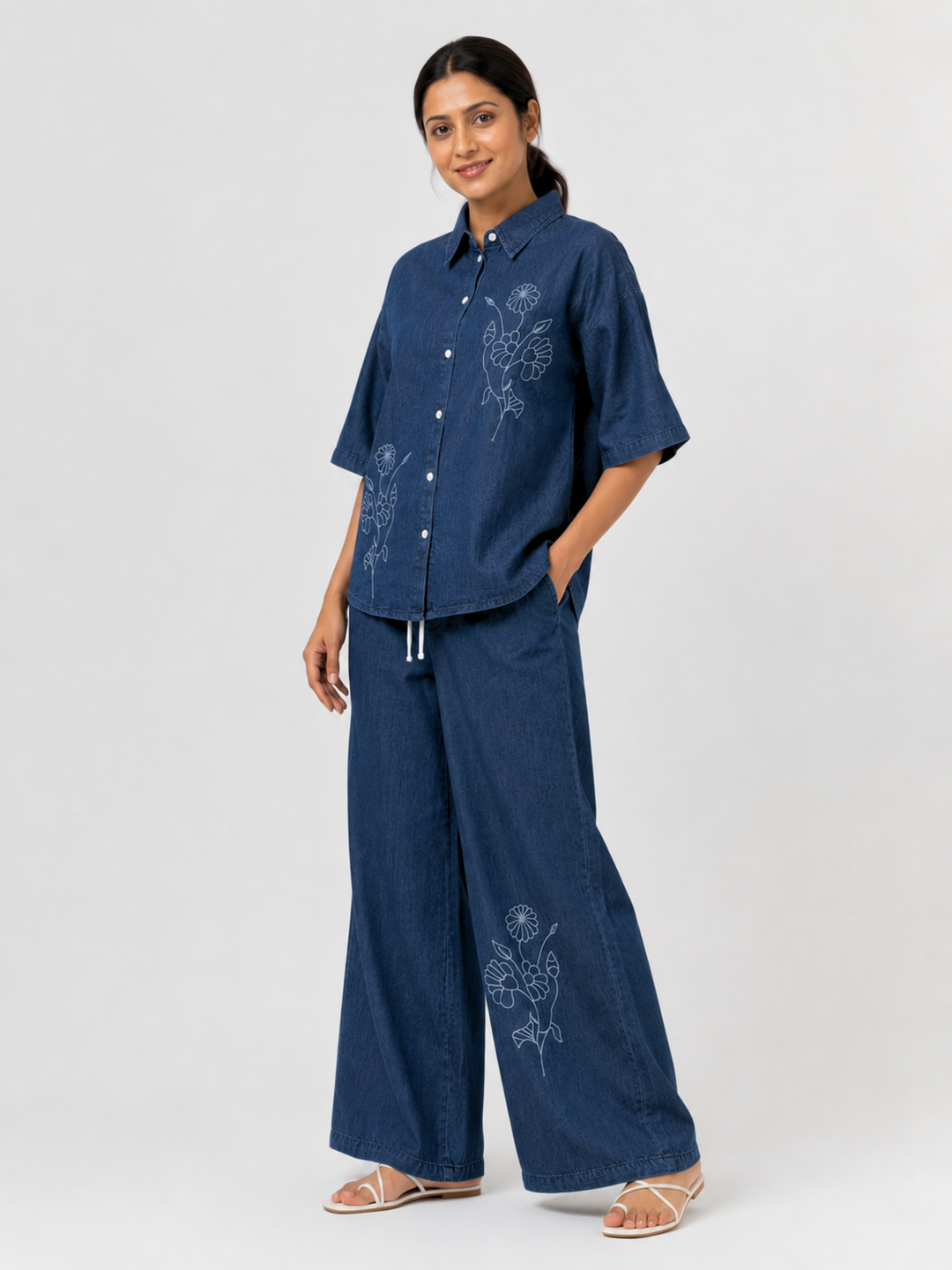 Dark Blue Denim Co Ord Set for Women with Floral Embroidery