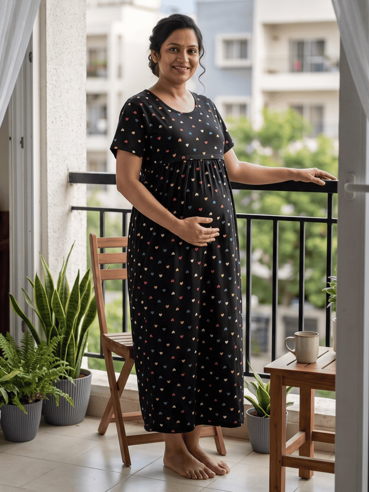 Black Sweetheart Hosiery Cotton Maternity Short Nighty for Women