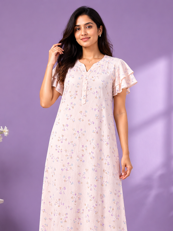 Pastel Peach Bamboo Feel Crush Cotton Designer Nighty for Women