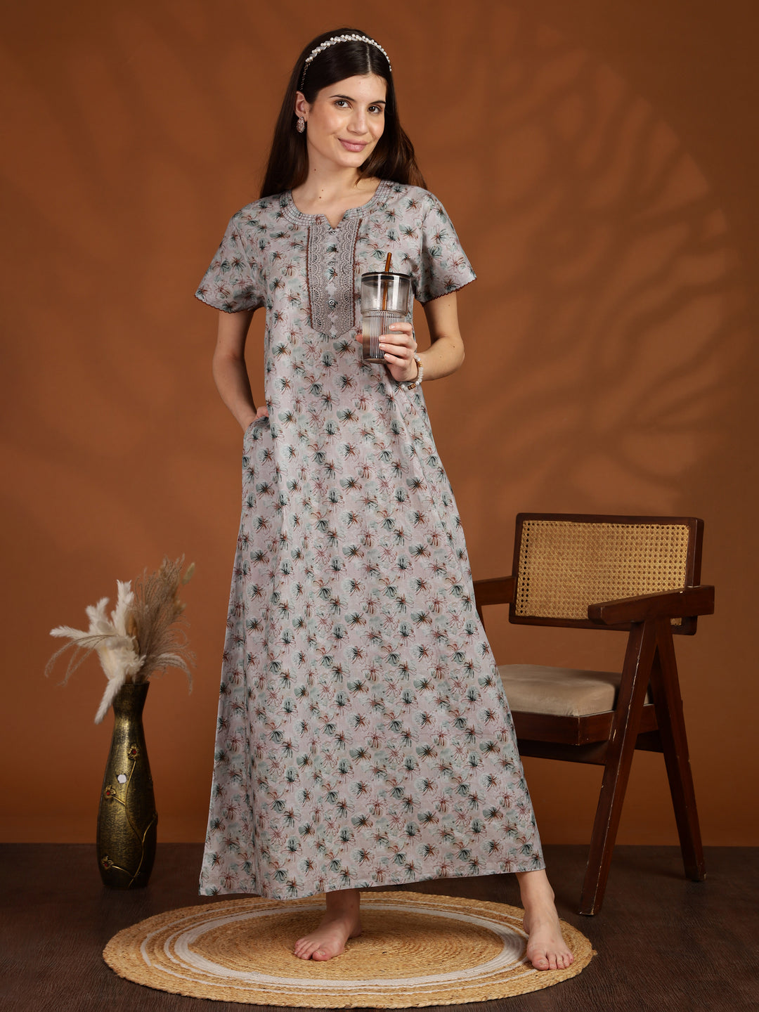 Grey 100% pure cotton nighty for women with pocket