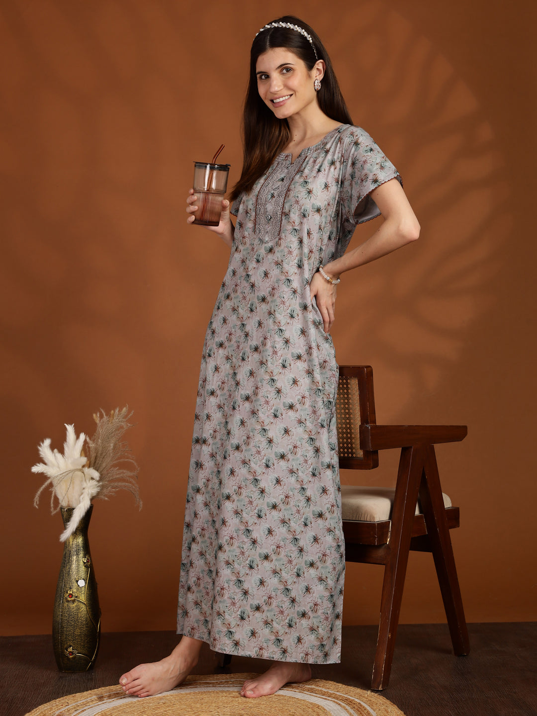 Grey 100% pure cotton nighty for women with pocket