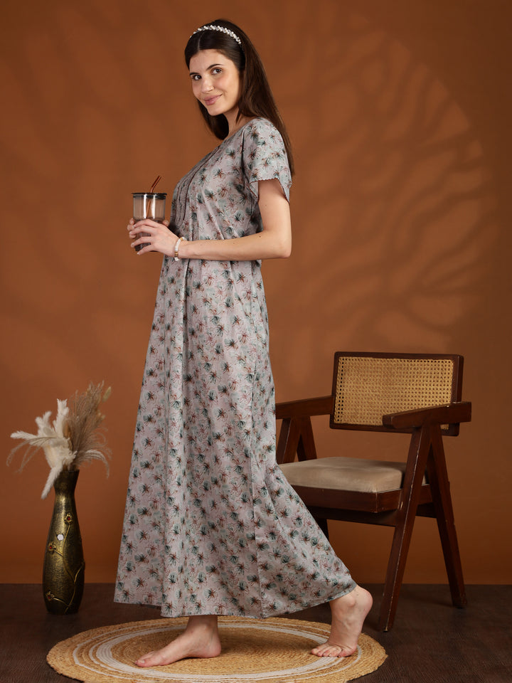 Grey 100% pure cotton nighty for women with pocket