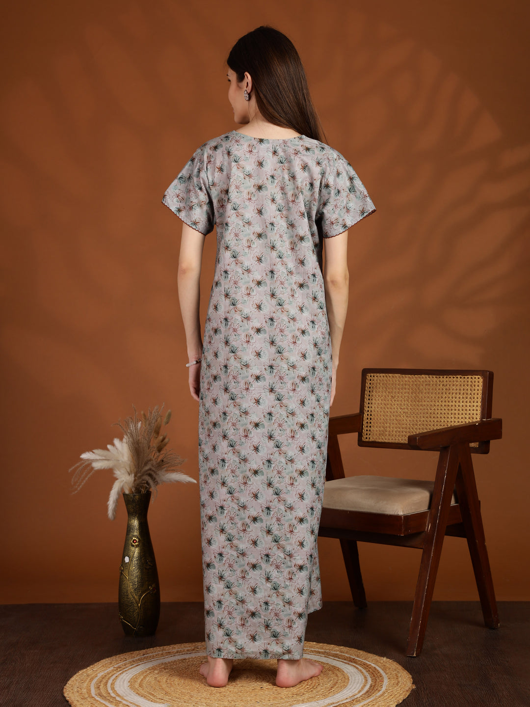 Grey 100% pure cotton nighty for women with pocket