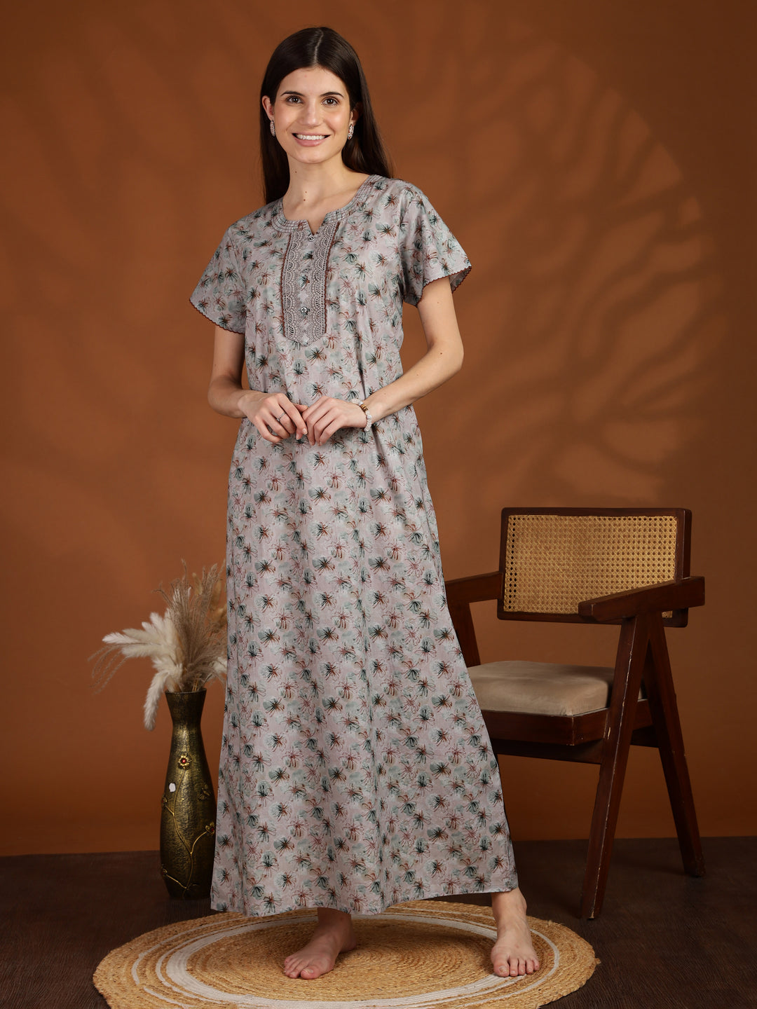 Grey 100% pure cotton nighty for women with pocket