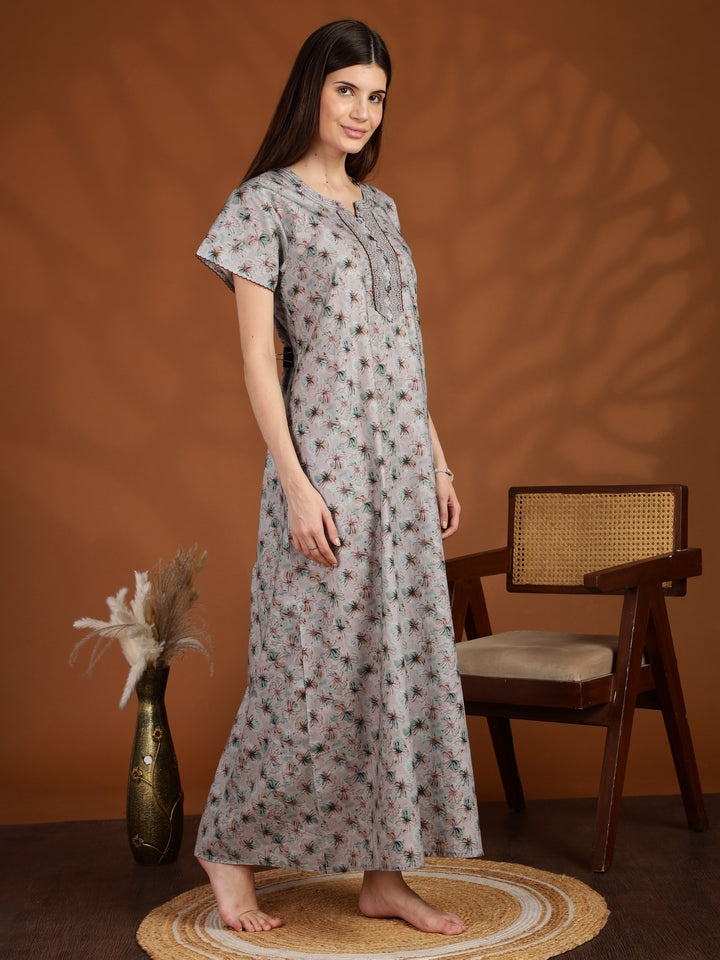 Grey 100% pure cotton nighty for women with pocket